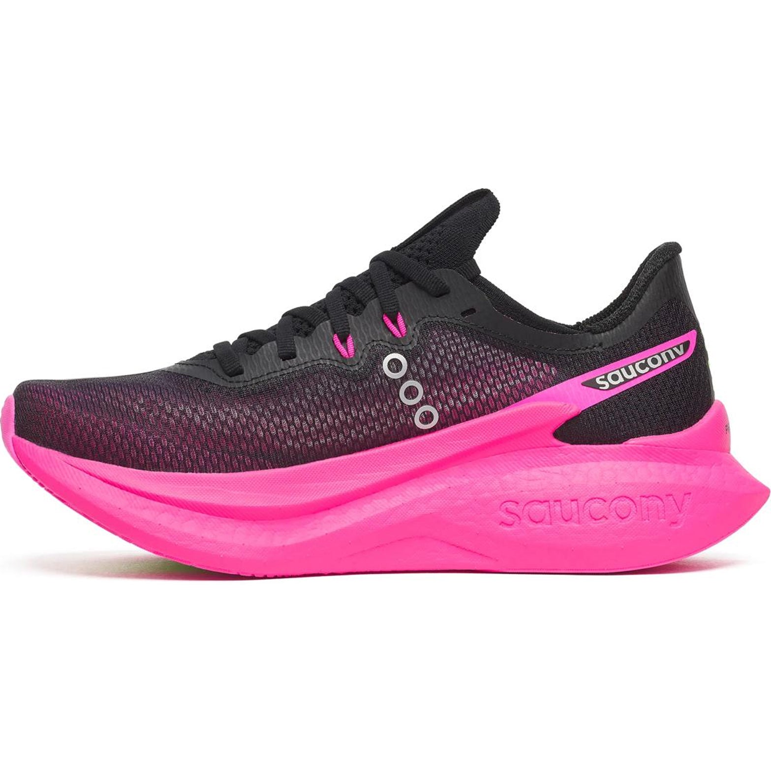 Women's Saucony Endorphin Pro 5 Running Shoes Black Pink inner side view showing PWRRUN PB base with carbon plate and enhanced SpeedRoll technology