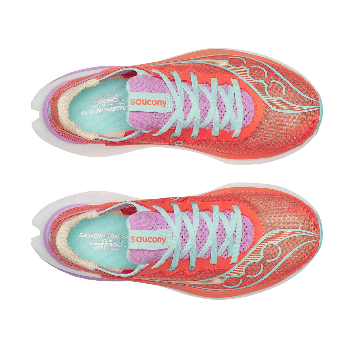 Women's Saucony Endorphin Pro 5 Running Shoes Fire Orchid top view showing lightweight racing upper construction with carbon-plated super shoe design