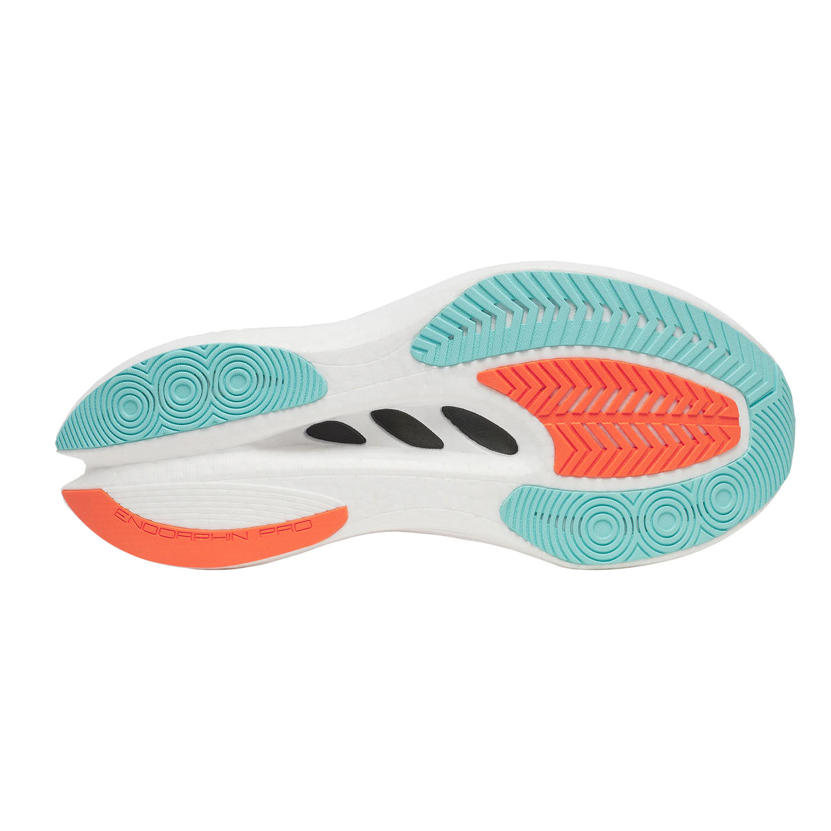 Women's Saucony Endorphin Pro 5 Running Shoes Fire Orchid sole view displaying PWRTRAC rubber outsole with improved grip and surface abrasion resistance