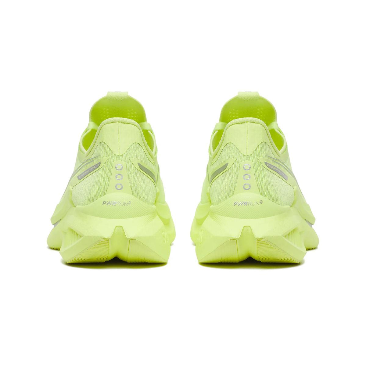 A pair of neon yellow Saucony Women’s Endorphin Pro 5 Running Shoes in the Tart colorway is viewed from the back, featuring reflective accents, breathable mesh uppers, thick soles with responsive PWRRUN foam, and “PWRSURGE” on the heels—emphasizing their carbon-plated race day construction.