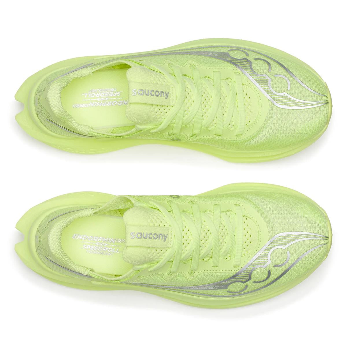 Two vibrant tart yellow-green Saucony Women’s Endorphin Pro 5 running shoes are viewed from above, showcasing breathable mesh material, silver accents, and coordinating laces. These carbon-plated race day shoes are positioned parallel to each other, featuring PWRRUN foam cushioning and prominent Saucony branding on the tongues and sides.