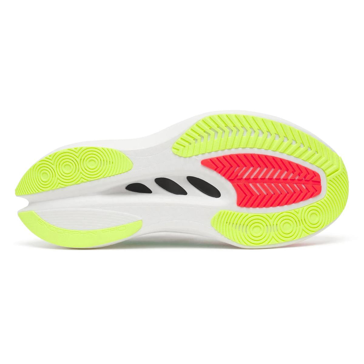 Women's Saucony Endorphin Pro 5 Running Shoes White Multi sole view displaying PWRTRAC rubber outsole with improved grip and surface abrasion resistance for race day traction