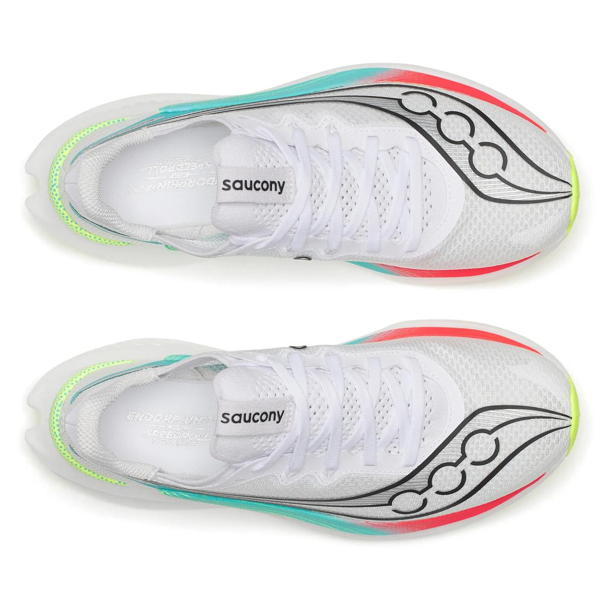 Women's Saucony Endorphin Pro 5 Running Shoes White Multi top view showing lightweight racing upper construction with carbon-plated super shoe design