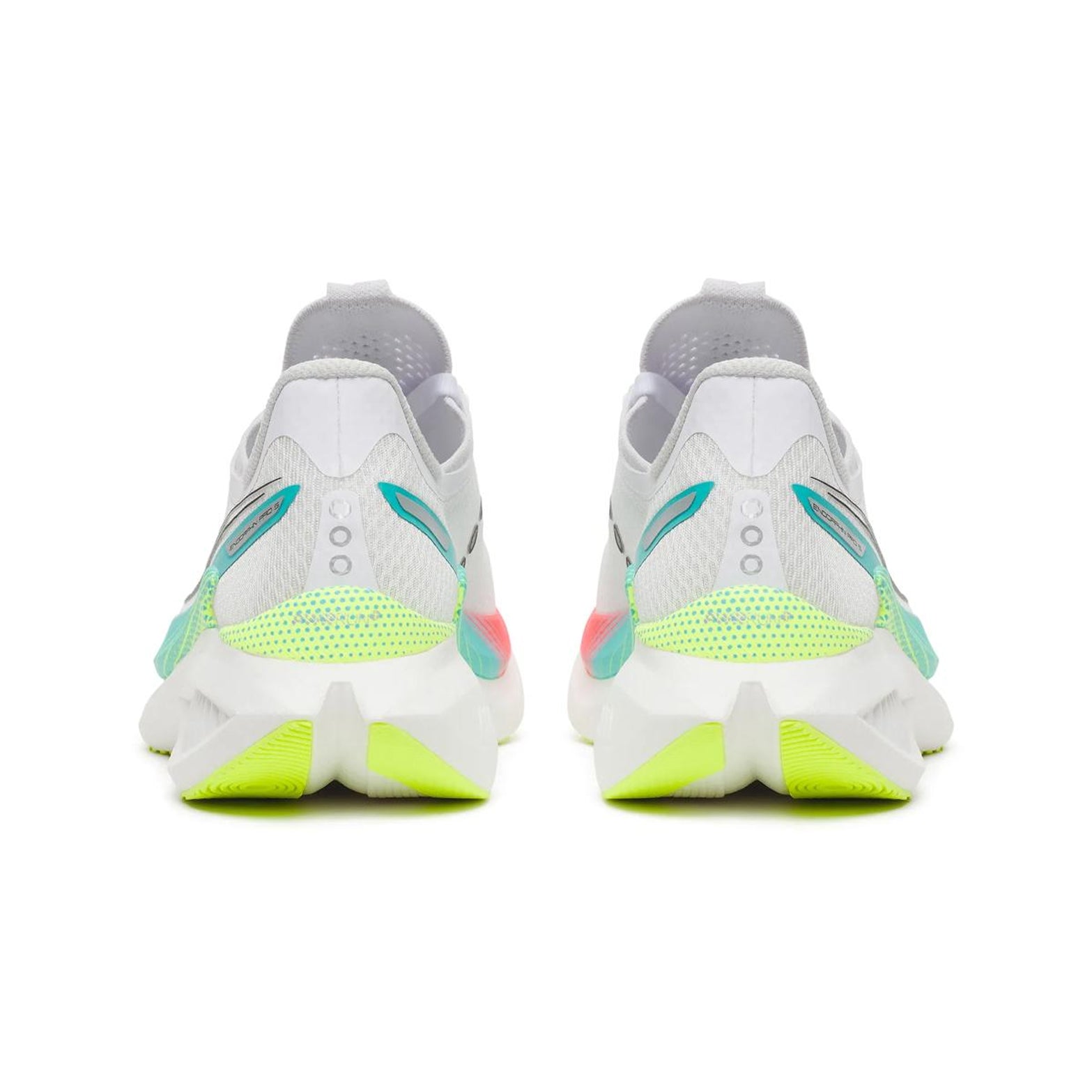 Women's Saucony Endorphin Pro 5 Running Shoes White Multi heel view showing dual-layer PWRRUN foam stack with aggressive slotted carbon fibre plate for elite marathon racing