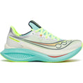 Women's Saucony Endorphin Pro 5 Running Shoes White Splash outer side view showing dual-layer PWRRUN foam with Super Critical PWRRUN HG and new slotted carbon fibre plate