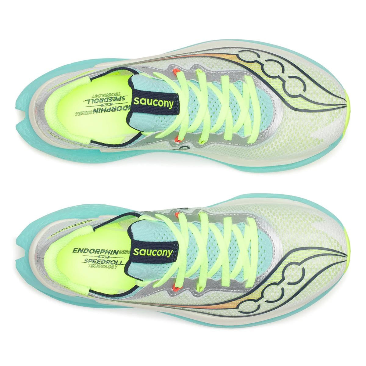 Women's Saucony Endorphin Pro 5 Running Shoes White Splash top view showing lightweight racing upper construction with carbon-plated super shoe design