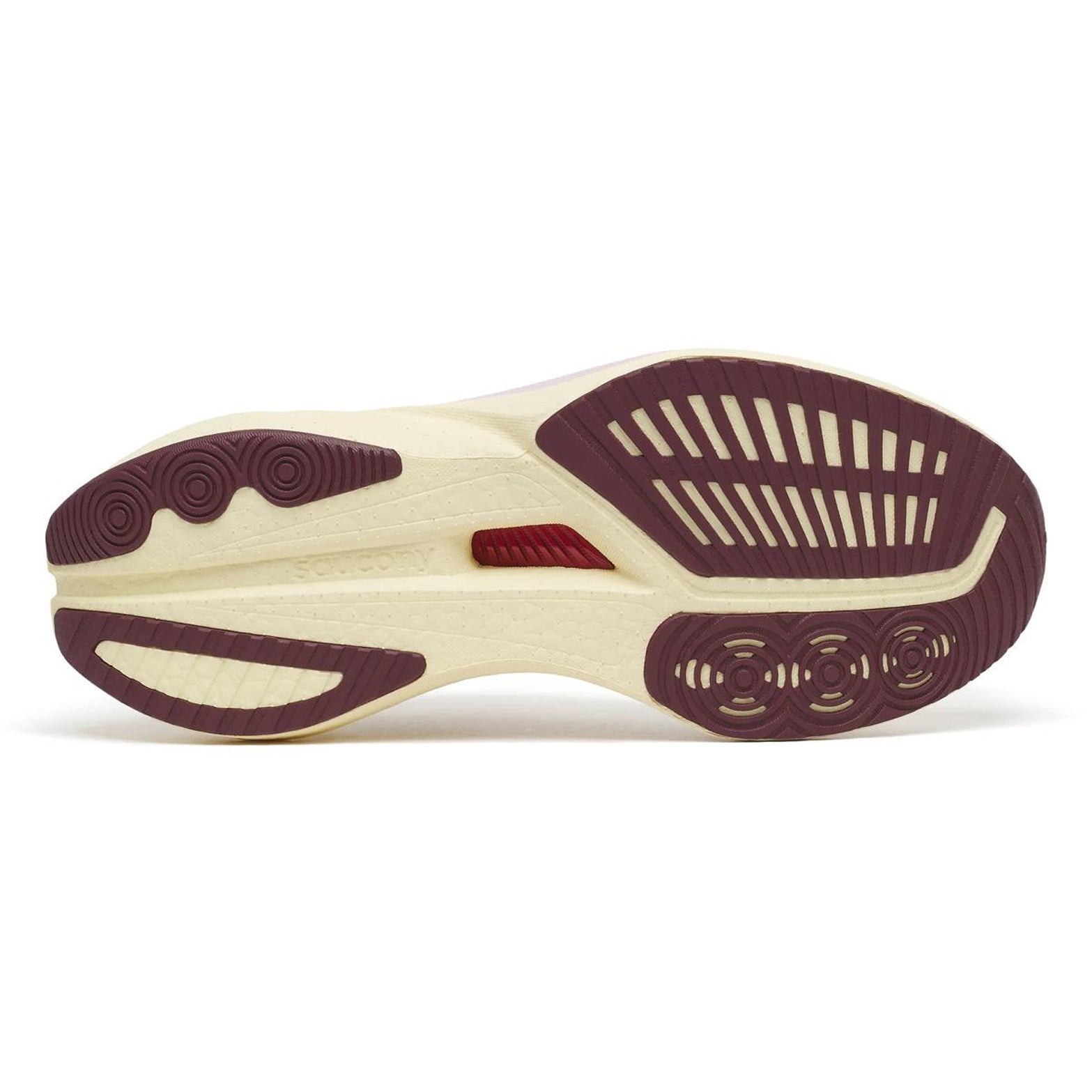 Women's Saucony Endorphin Speed 5 Running Shoes Ivory Maroon sole view displaying reconfigured outsole with expanded heel coverage and full-length groove for natural gait cycle