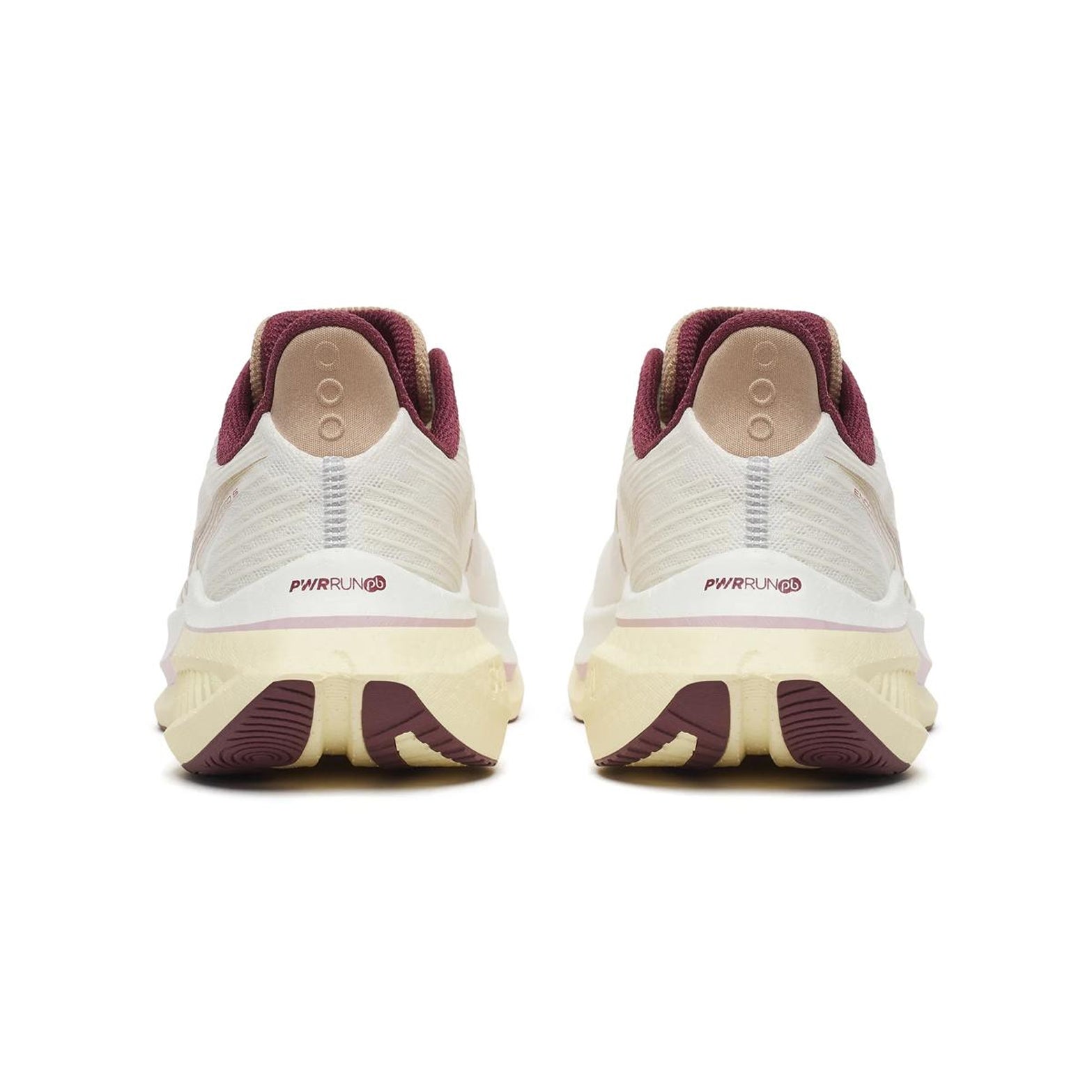 Women's Saucony Endorphin Speed 5 Running Shoes Ivory Maroon heel view showing responsive PWRRUN PB cushioning stack with nylon plate and expanded heel coverage for durability