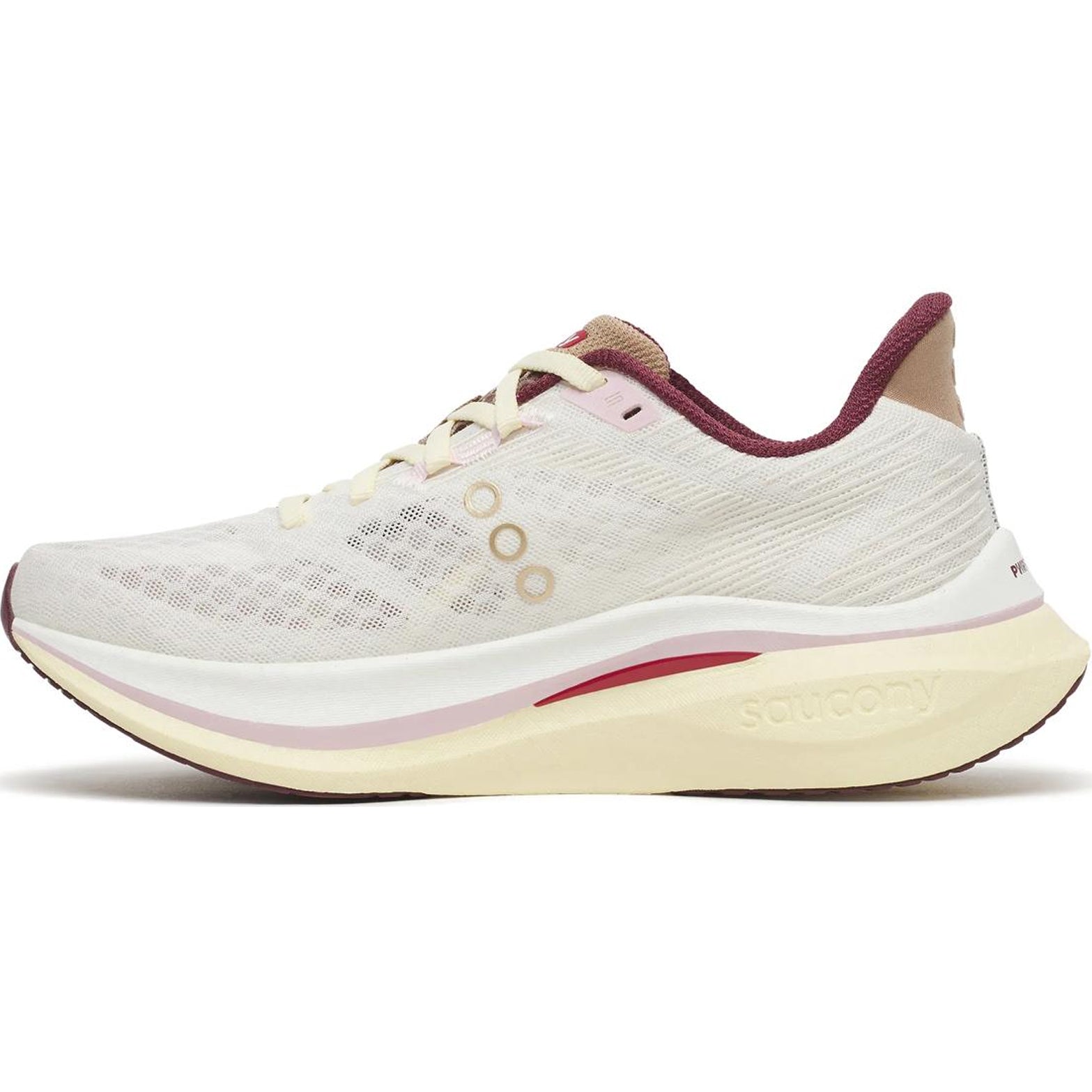 Women's Saucony Endorphin Speed 5 Running Shoes Ivory Maroon inner side view showing dual-layer PWRRUN PB foam with nylon plate for snappy transitions and fast running