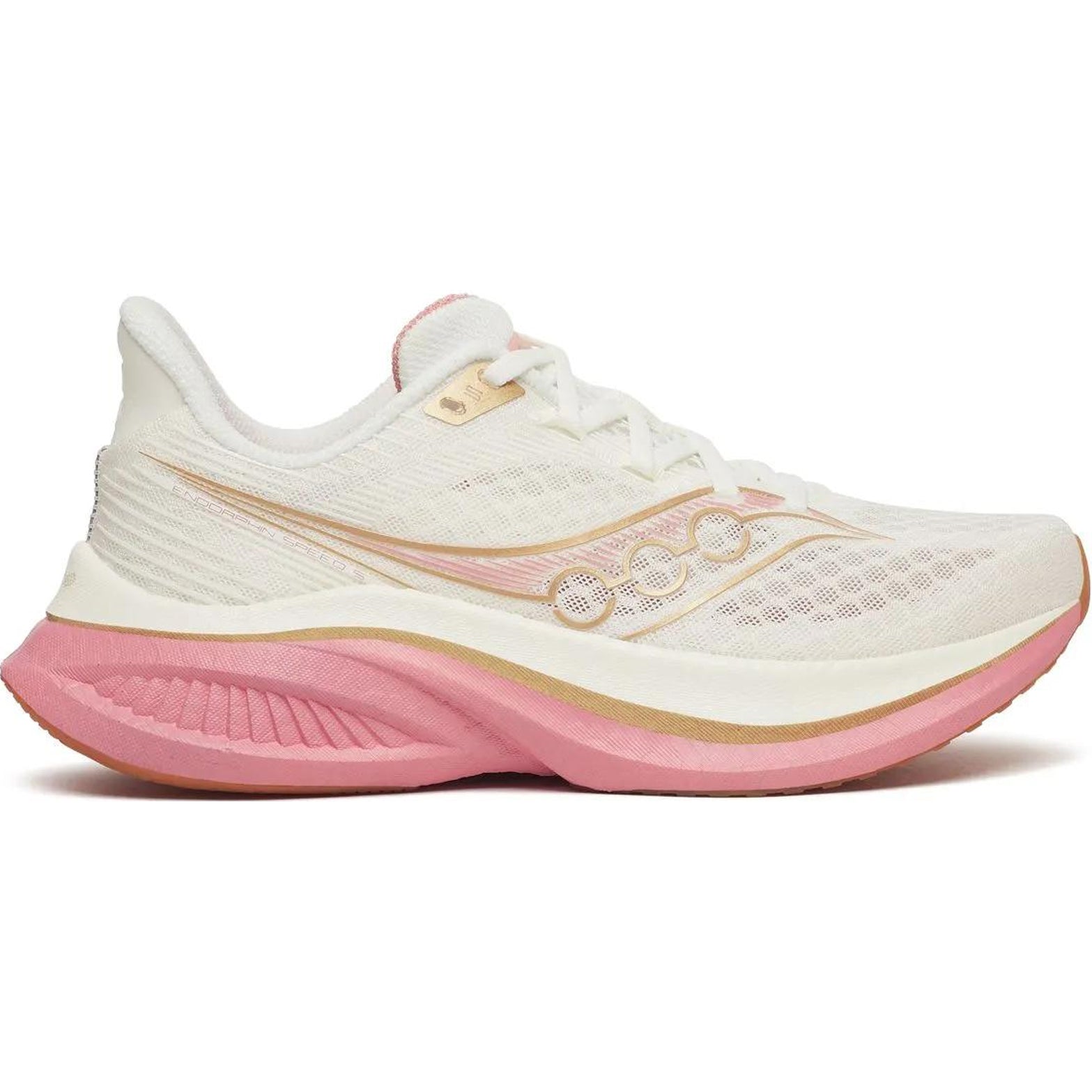 Women's Saucony Endorphin Speed 5 Running Shoes White Beige Pink outer side view showing full-length semi-rigid nylon plate with responsive PWRRUN PB cushioning