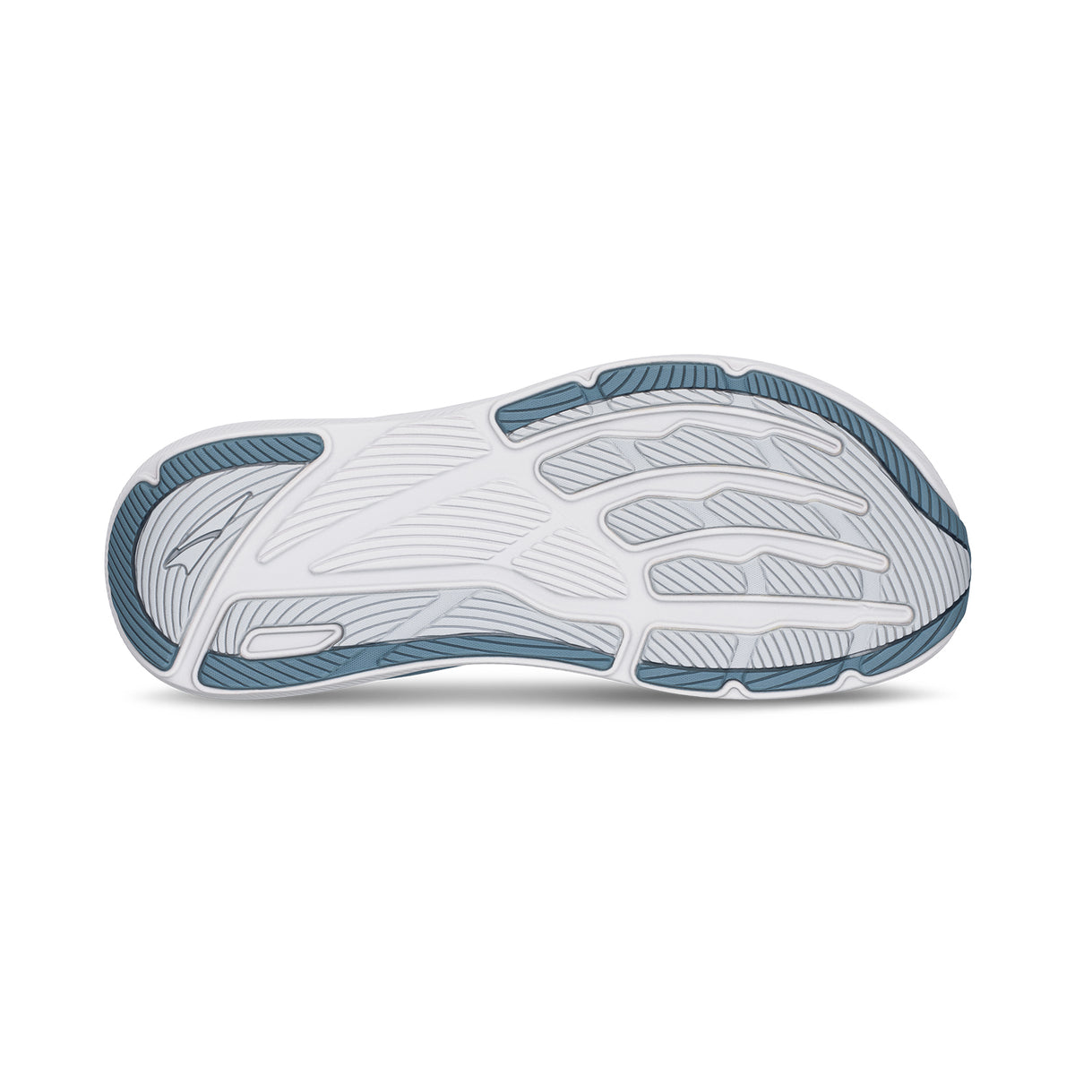 The image displays the bottom view of the Altra Women’s Experience Flow ST Running Shoes in Light Blue, showcasing a white sole accented with blue-grey details. The sole features textured grip patterns for improved traction, along with flexible grooves to support movement. Engineered for stability running, it incorporates innovative GuideRail technology that promotes natural foot movement while enhancing overall stability.