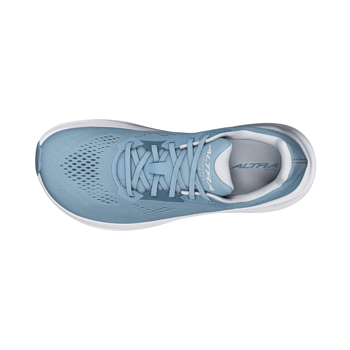 Top view of the Altra Women’s Experience Flow ST Running Shoes in light blue, featuring a breathable mesh upper and a white sole. The Altra logo is visible on the tongue and insole. Designed as one of Altra’s stability running shoes, these shoes incorporate GuideRail technology to support natural movement while running.