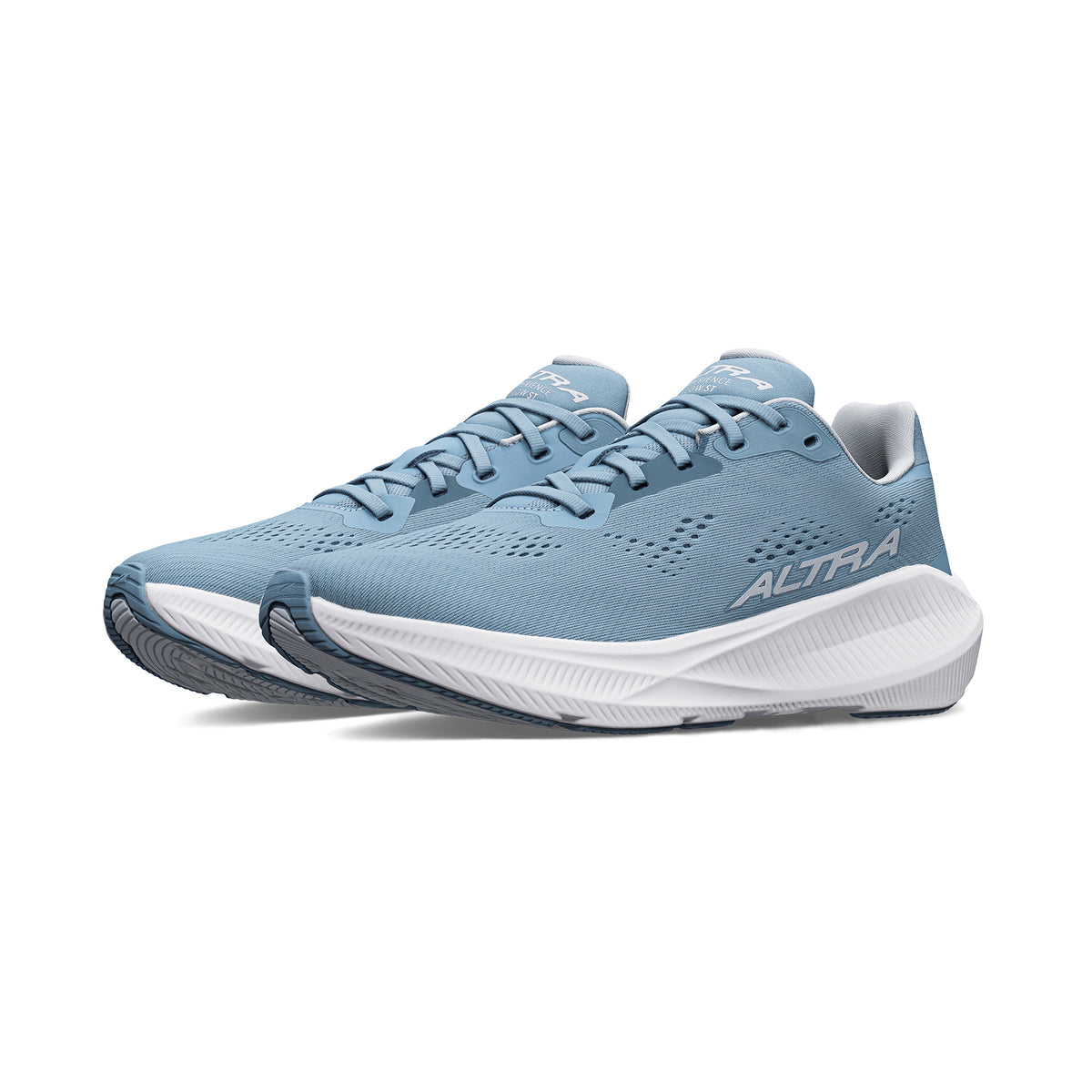 A pair of light blue Altra running shoes with white soles and ALTRA branding on the side, set against a white background.