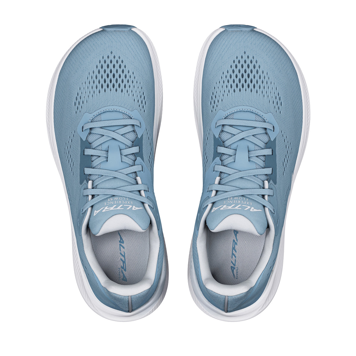 A pair of Altra Women’s Experience Flow ST Running Shoes in light blue, viewed from above on a white background, featuring laces, breathable mesh uppers, and cushioned white soles. Designed as stability running shoes with Altra’s GuideRail technology, they promote natural movement while offering extra support where you need it most.