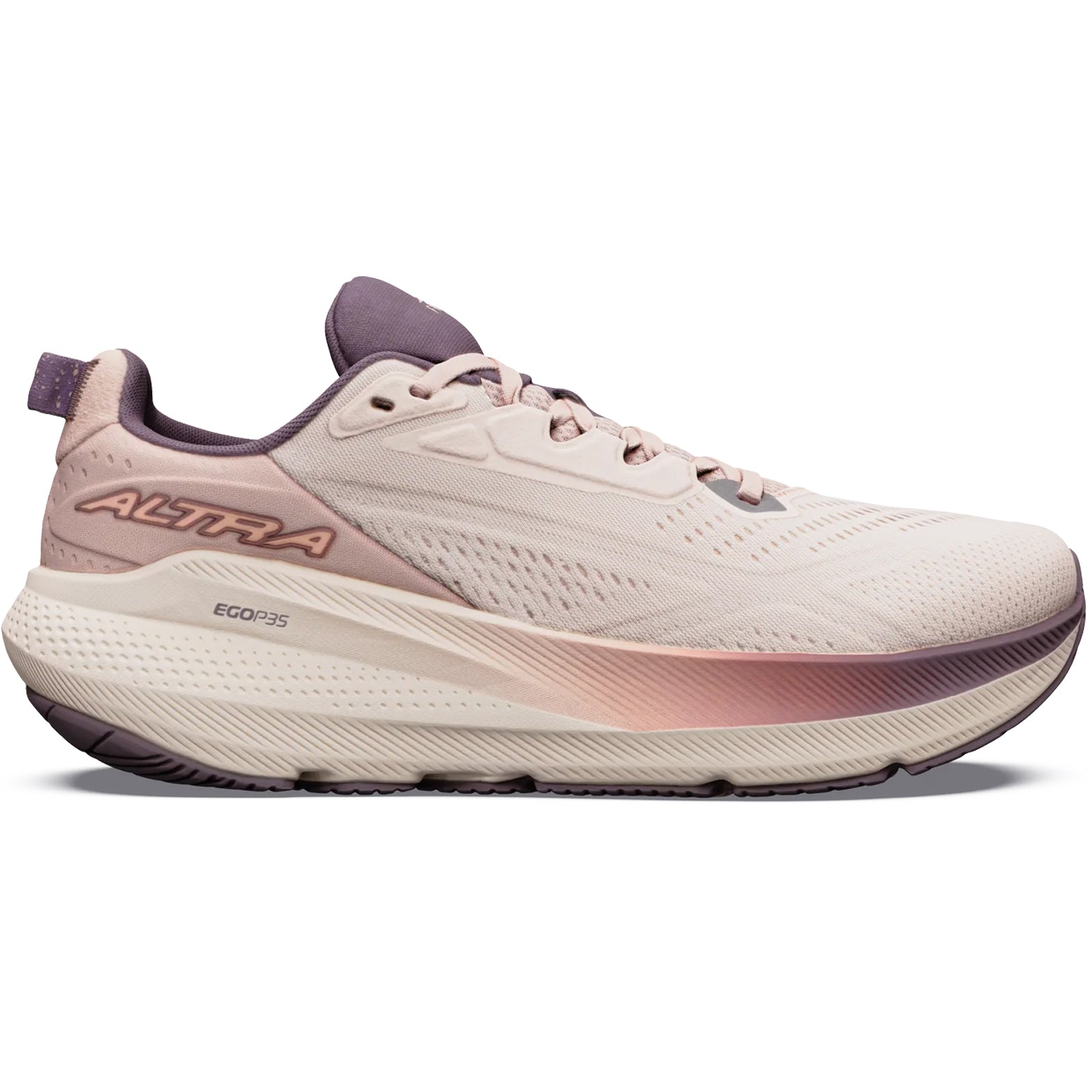 Women's Altra FWD VIA 2 Running Shoes Whisper Pink Rose Gold outer side view showing Altra EGO P35 midsole with rocker shape geometry and 4mm drop for smooth efficient daily road running