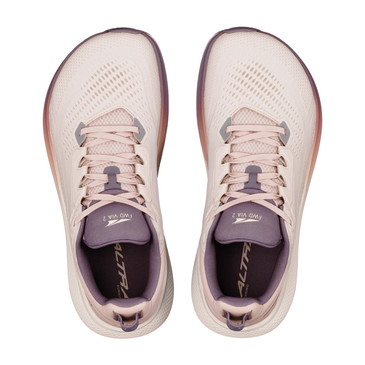 Women's Altra FWD VIA 2 Running Shoes Whisper Pink Rose Gold top view showing engineered mesh upper with updated plush tongue and Original FootShape roomiest toe box for breathable natural foot positioning