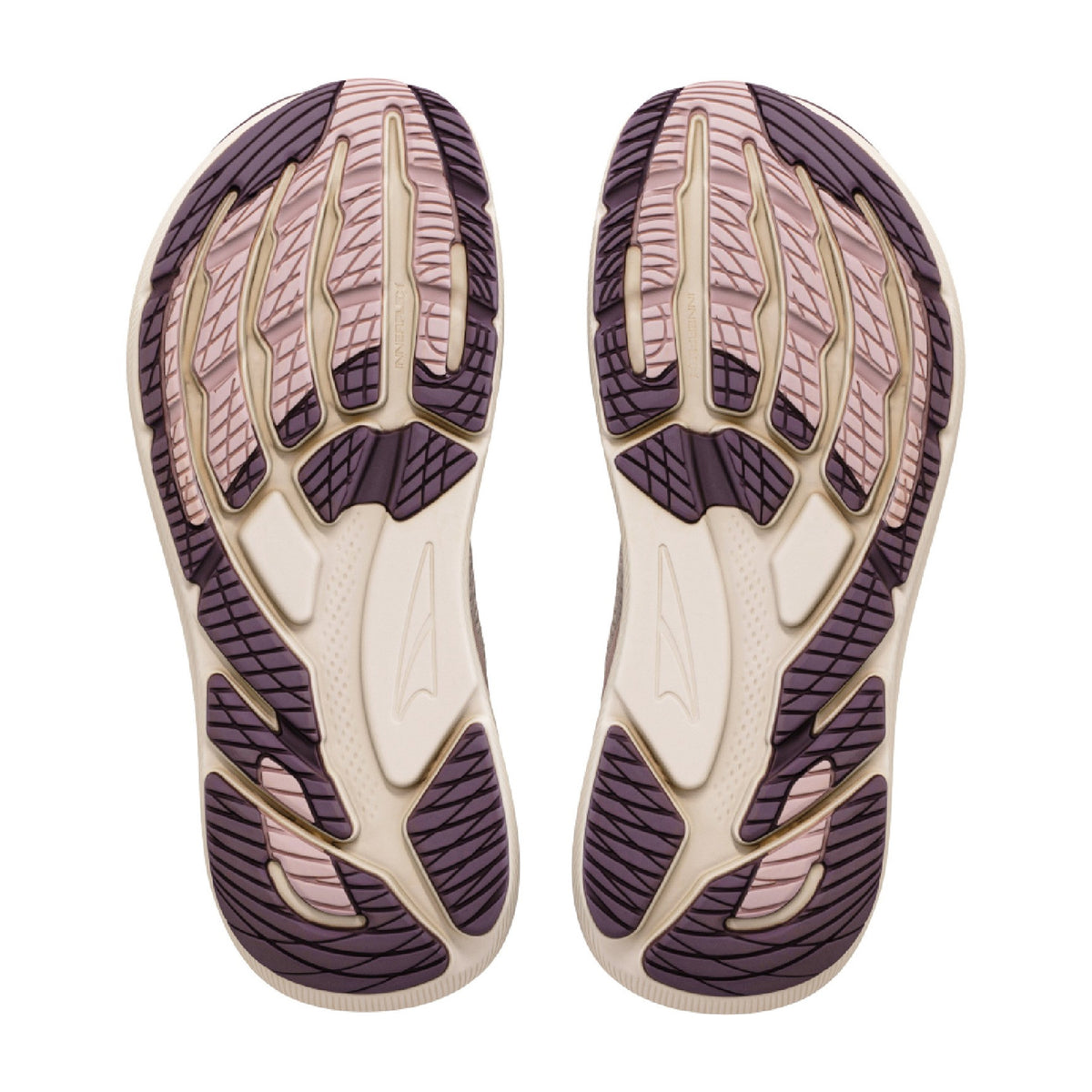 Women's Altra FWD VIA 2 Running Shoes Whisper Pink Rose Gold sole view displaying rubber outsole with rocker shape geometry for smooth efficient natural toe-off during daily road running