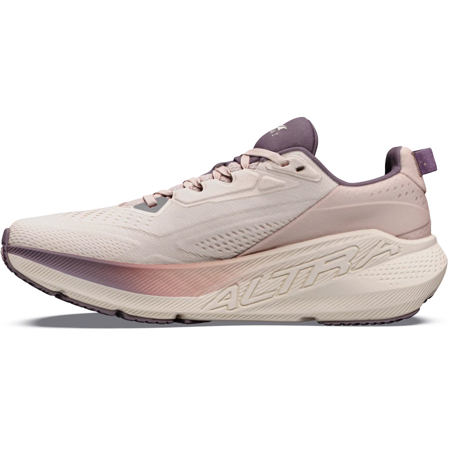 Women's Altra FWD VIA 2 Running Shoes Whisper Pink Rose Gold inner side view showing EGO P35 cushioning with Original FootShape toe box and 4mm drop for natural comfortable daily training