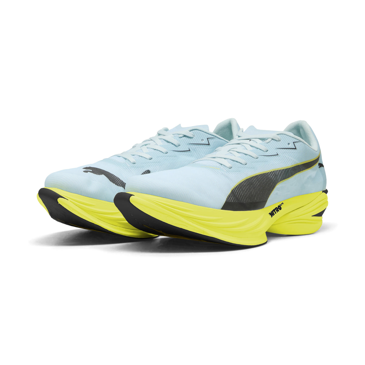 Women's PUMA Fast-R NITRO Elite 3 Running Shoes Fresh Water Lemon Crush angled side view showing NITROFOAM Elite cushioning, carbon PWRPLATE and lightweight racing construction