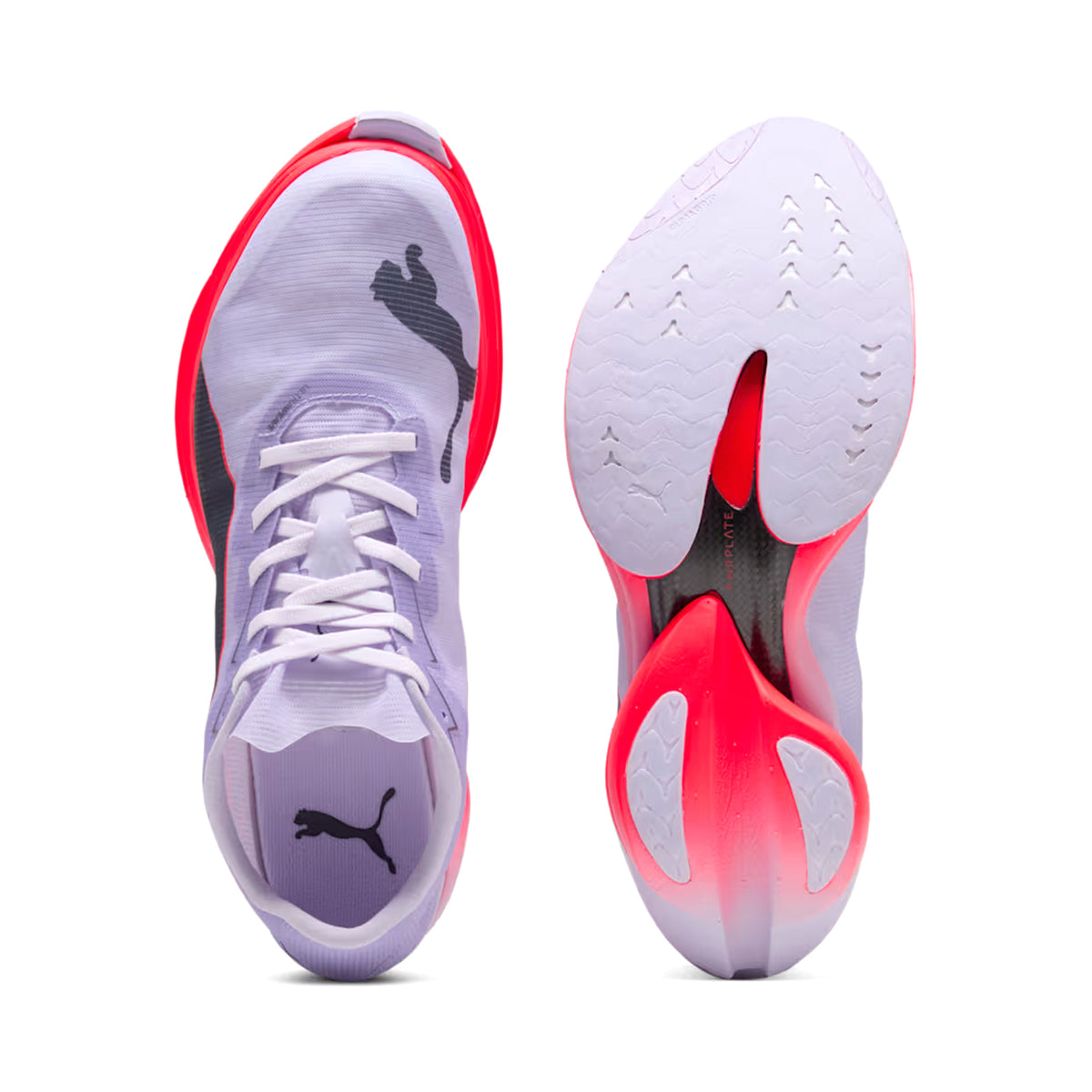 Puma FAST-R Nitro Elite 3 women's running shoe in Lavender / Inky Depths / Ultra Red — combined top-down and outsole view showing lavender ULTRAWEAVE upper with inky depths and ultra red detailing and PUMAGRIP multi-surface outsole with extended carbon PWRPLATE geometry past the toe