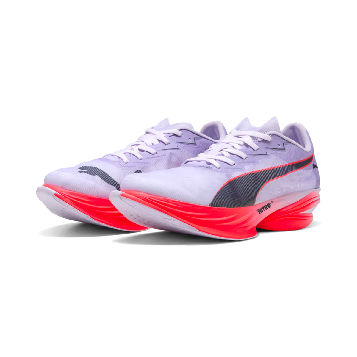 Puma FAST-R Nitro Elite 3 women's running shoe in Lavender / Inky Depths / Ultra Red — angled side view showing lavender ULTRAWEAVE upper, de-coupled heel design, extended carbon PWRPLATE and inky depths NITROFOAM ELITE foam midsole stack with ultra red accent