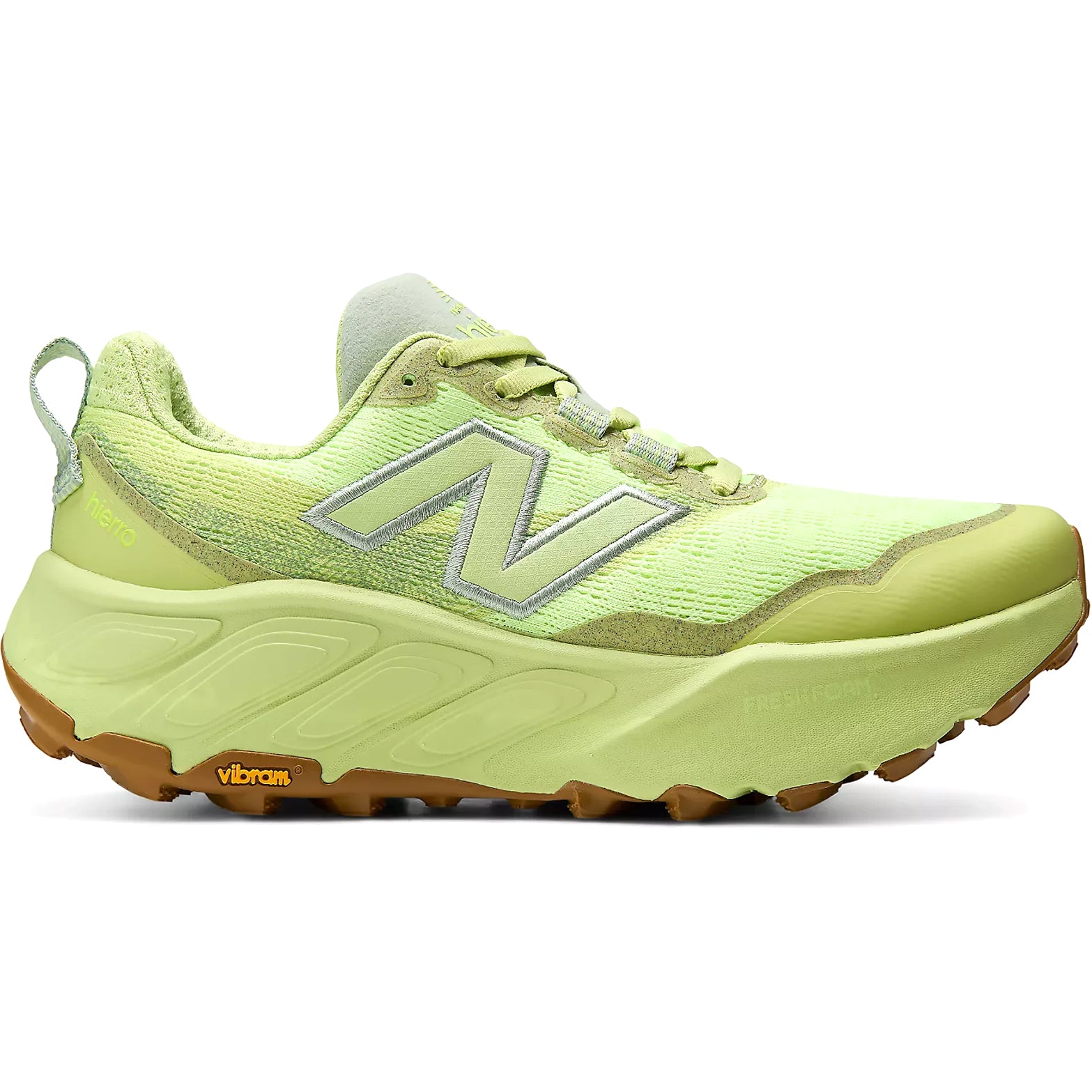 Women's New Balance Fresh Foam X Hierro v9 Trail Running Shoes lime green outer side view showing dual-density Fresh Foam X midsole and protective knit upper