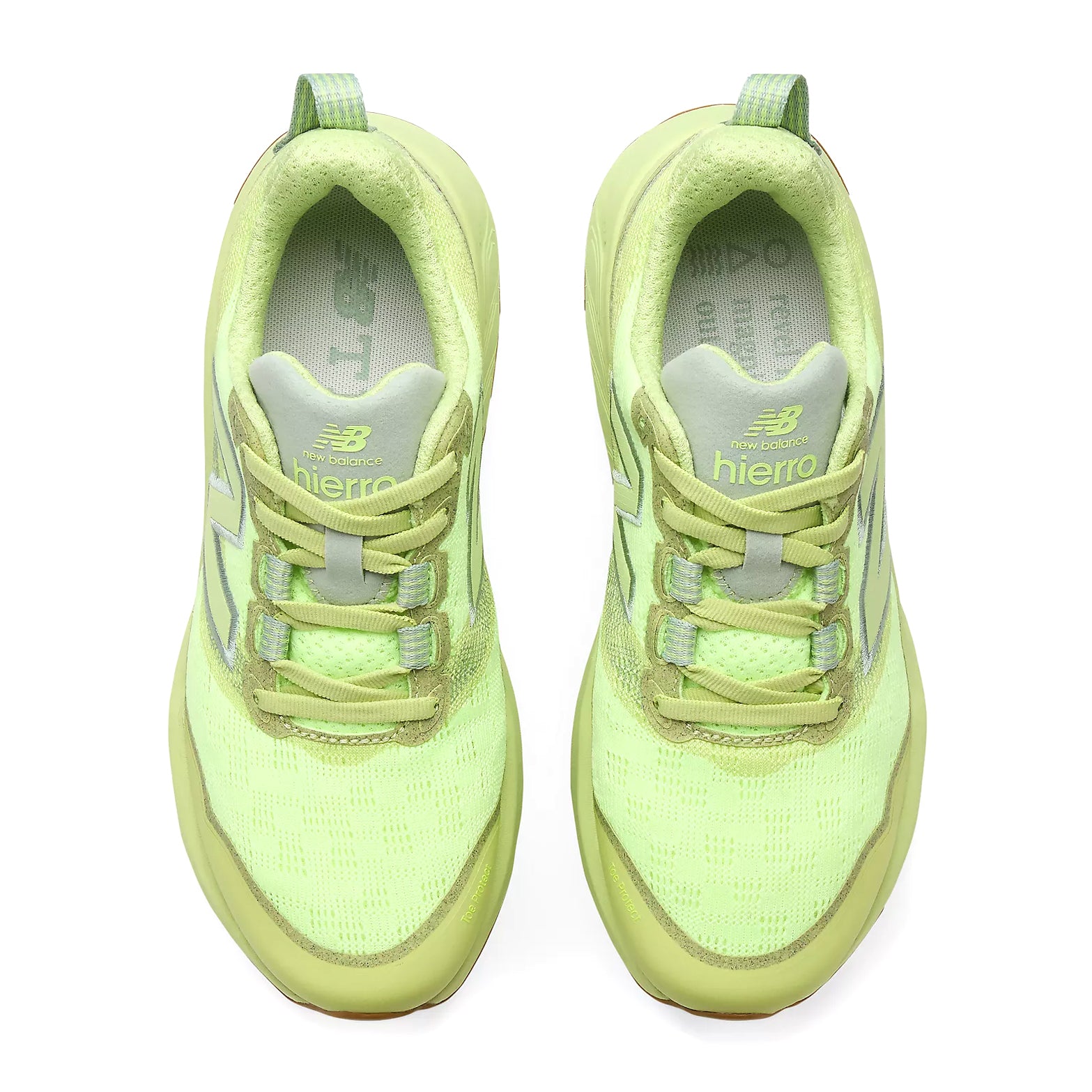 Women's New Balance Fresh Foam X Hierro v9 Trail Running Shoes lime green top view showing breathable knit upper with gusseted tongue and debris protection