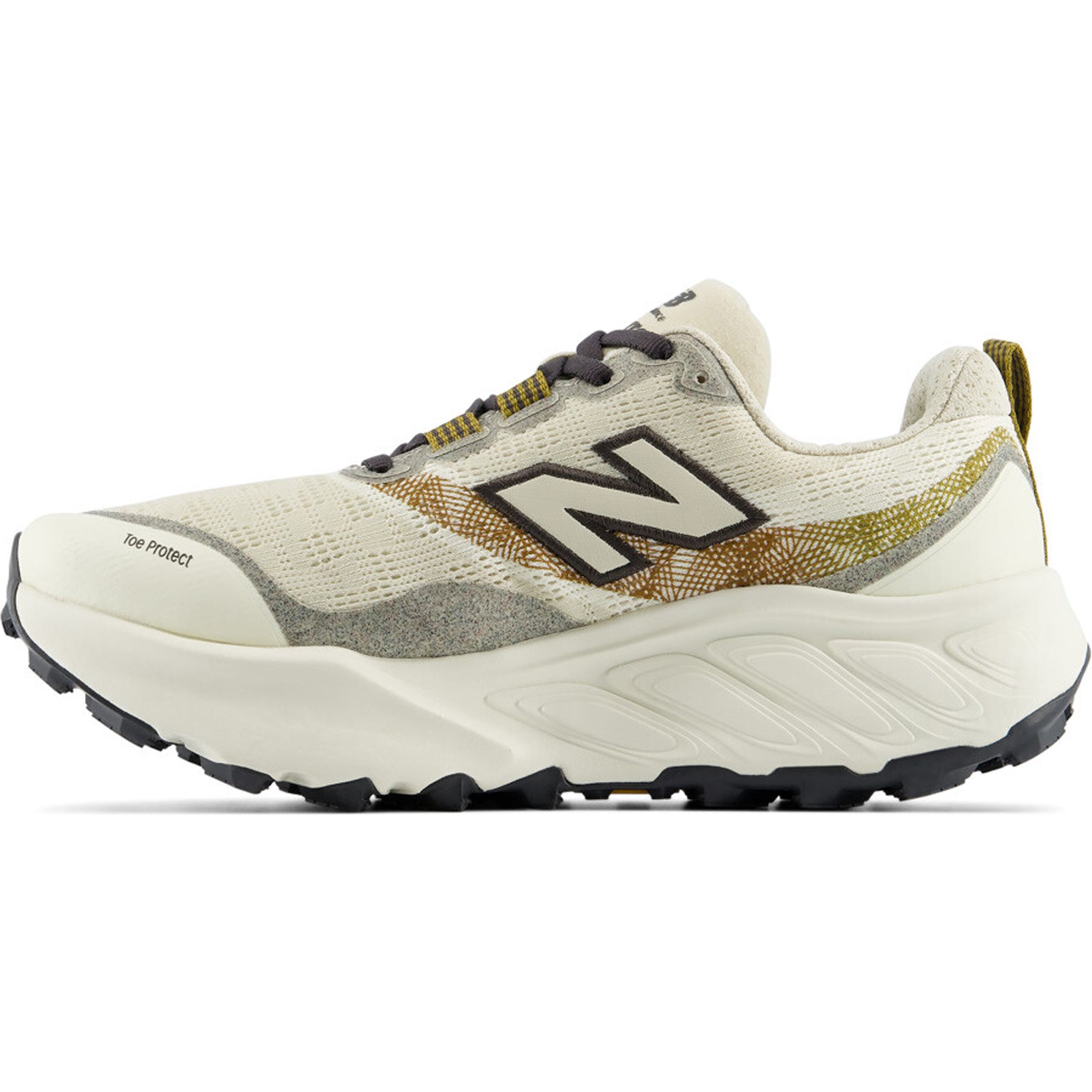 Women's New Balance Fresh Foam X Hierro v9 Trail Running Shoes Angora Basil Oil inner side view showing Fresh Foam X cushioning with gusseted tongue and Toe Protect technology for secure debris-free trail fit
