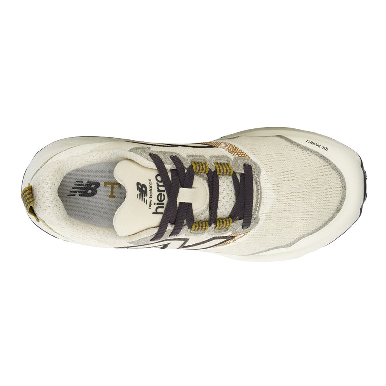 Women's New Balance Fresh Foam X Hierro v9 Trail Running Shoes Angora Basil Oil top view showing breathable knit upper with gusseted tongue for secure fit and debris protection on technical trails