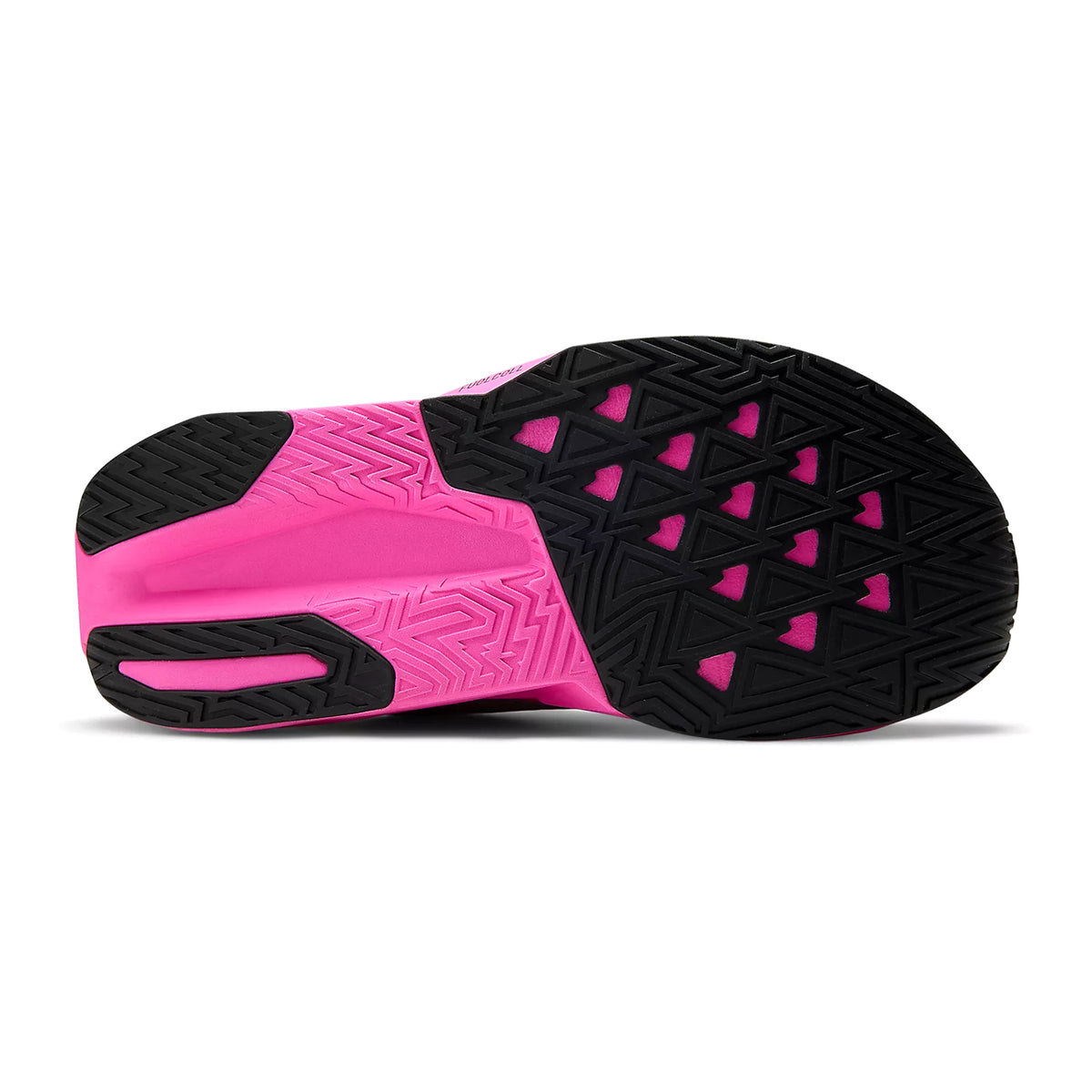 New Balance FuelCell Rebel v5 women's running shoe in Pink Heat / Rosewood — outsole view showing redesigned forefoot rubber tread pattern and rosewood geometric FuelCell midsole stack