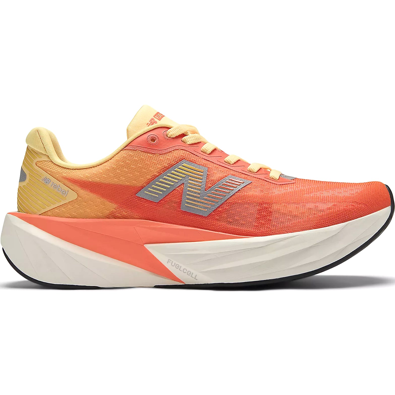Women's New Balance FuelCell Rebel v5 Running Shoes Orange Grey outer side view showing FuelCell PEBA/EVA midsole with geometric design and race-inspired mesh upper