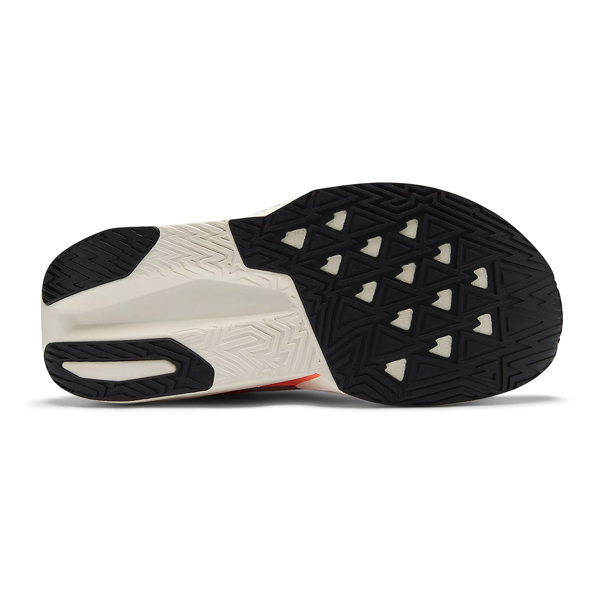 Women's New Balance FuelCell Rebel v5 Running Shoes Orange Grey sole view displaying redesigned outsole with increased forefoot rubber for enhanced durability