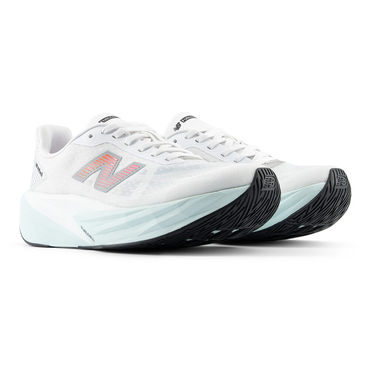 New Balance FuelCell Rebel v5 women's running shoe in White / Pink Heat / Glint Blue — angled side view showing white engineered mesh upper, lightweight responsive design and pink heat FuelCell foam midsole stack