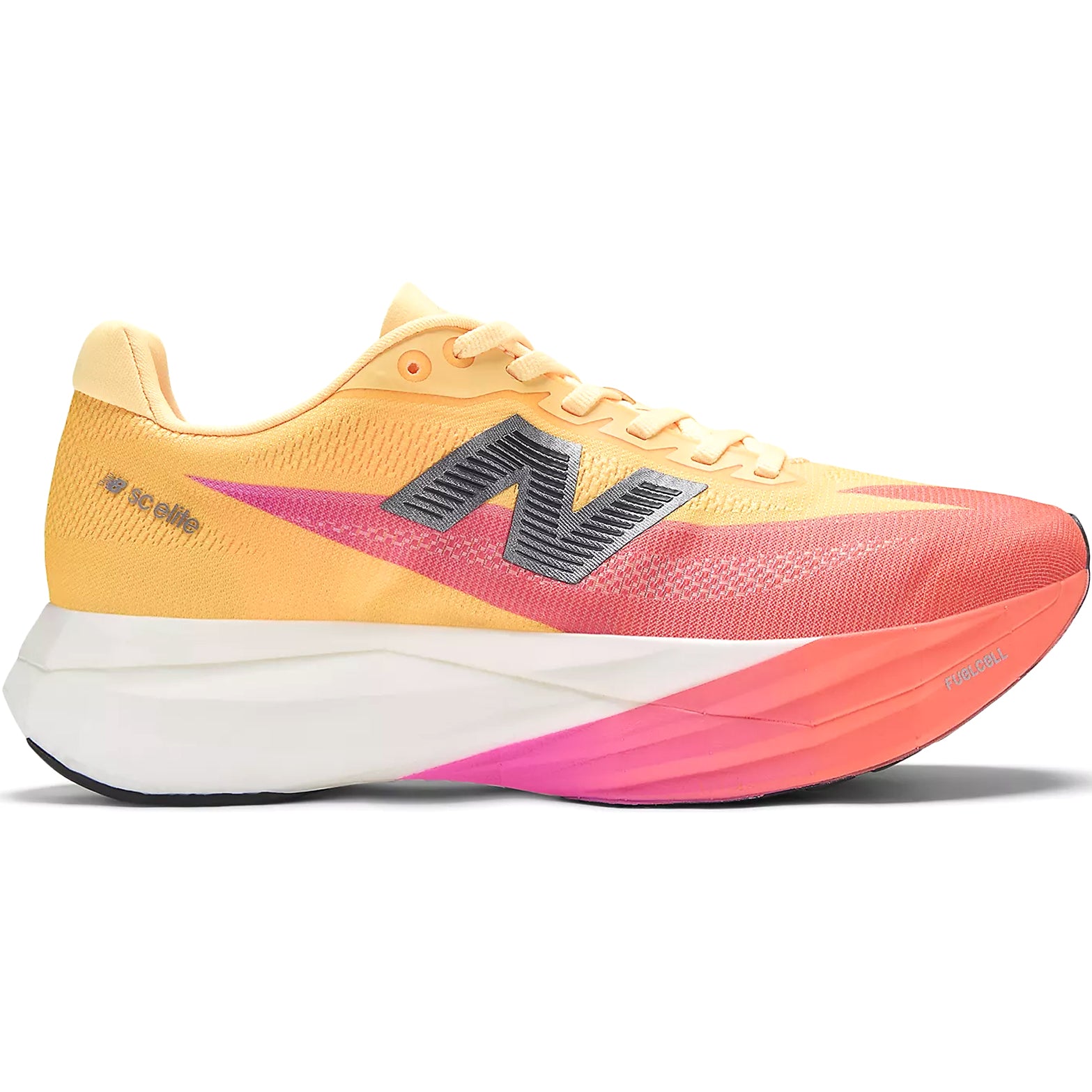Women's New Balance FuelCell SuperComp Elite v5 Running Shoes Orange Red outer side view showing 100% PEBA foam midsole with Energy Arc technology and carbon fibre plate