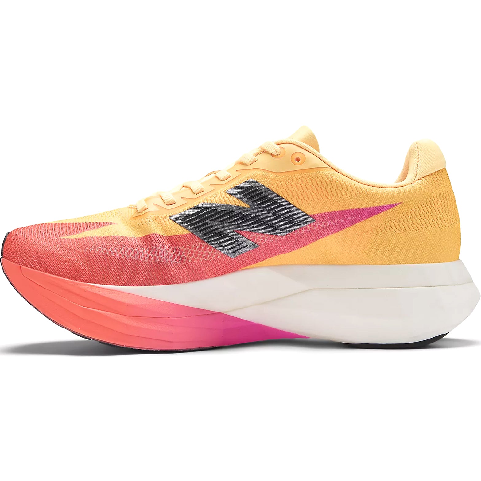 Women's New Balance FuelCell SuperComp Elite v5 Running Shoes Orange Red inner side view showing FuelCell PEBA foam, sport-specific carbon plate geometry and strategic midsole voids