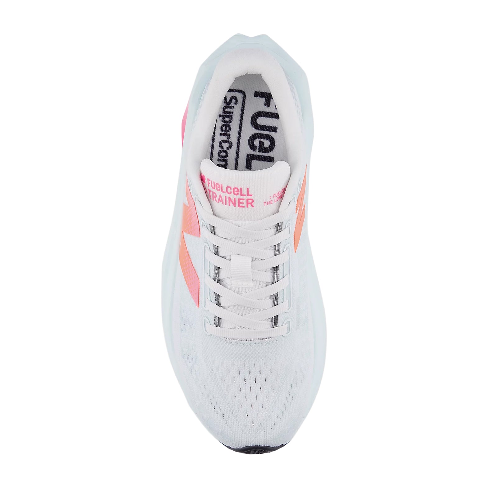 New Balance FuelCell SuperComp Trainer v3 women's running shoe in Glint Blue / Daybreak — top-down view showing glint blue plush mesh upper construction and lace closure