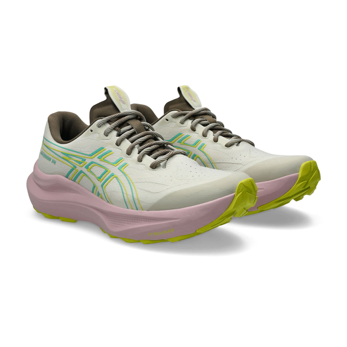Women's ASICS GT-2000 14 TR Running Shoes Light Dust Cacti pair angled side view showing FF BLAST MAX energetic cushioning, 3D GUIDANCE SYSTEM stability and gravel-capable outsole