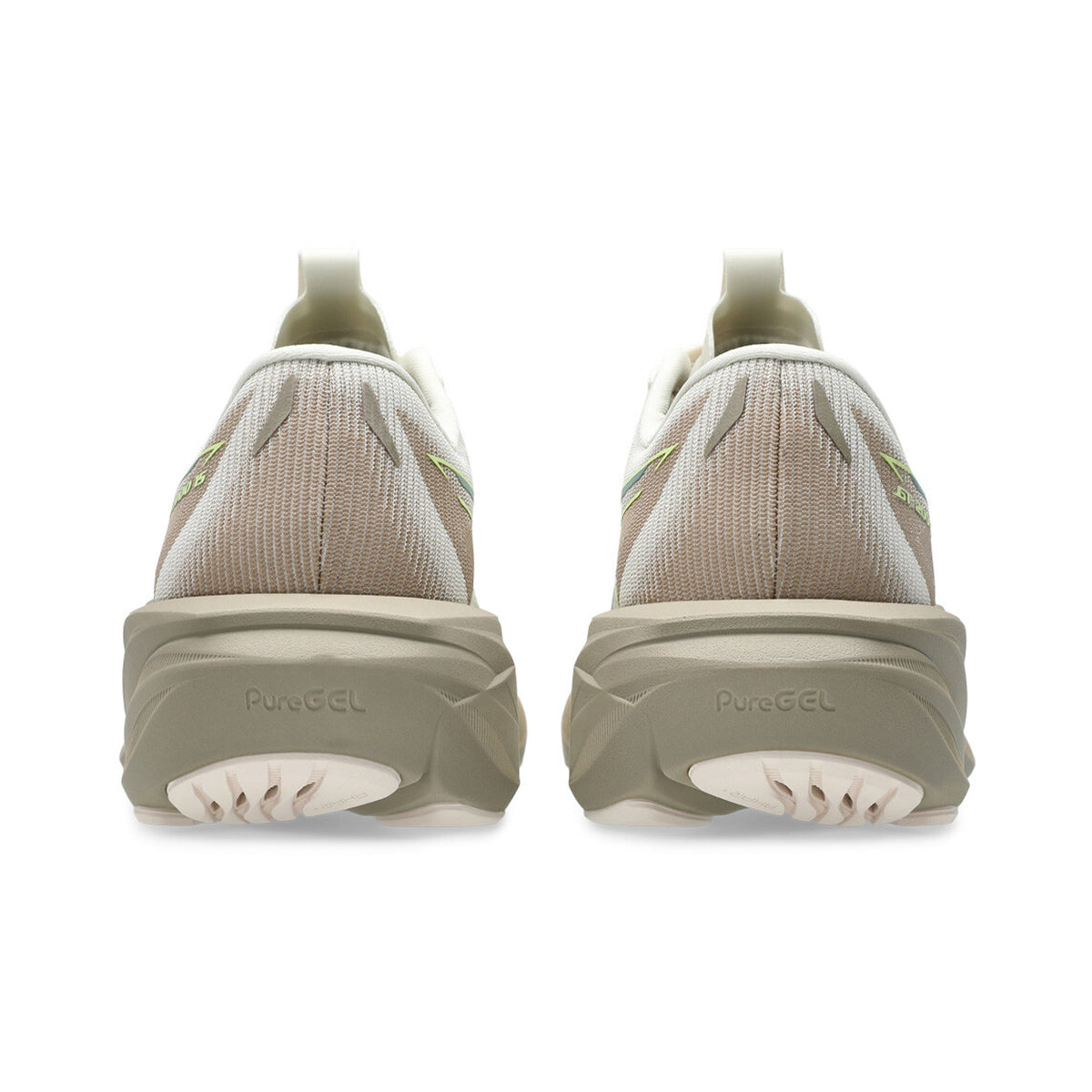 Rear view of a pair of Women’s GT-2000 15 Running Shoes in Birch / Greige, featuring chunky soles labeled PureGEL on the back. The shoes have a mesh-like upper with olive green and cream accents, and are equipped with FF BLAST MAX cushioning for enhanced comfort.