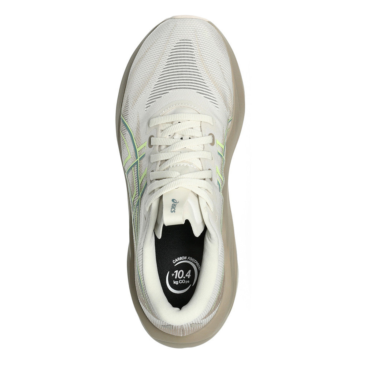 Top view of the Women’s GT-2000 15 Running Shoes in Birch / Greige, featuring a white athletic upper with a beige sole, light green accents, and an insole label displaying 10.4 kg CO2-eq. This modern and breathable design showcases visible mesh material and incorporates FF BLAST MAX cushioning for enhanced comfort.
