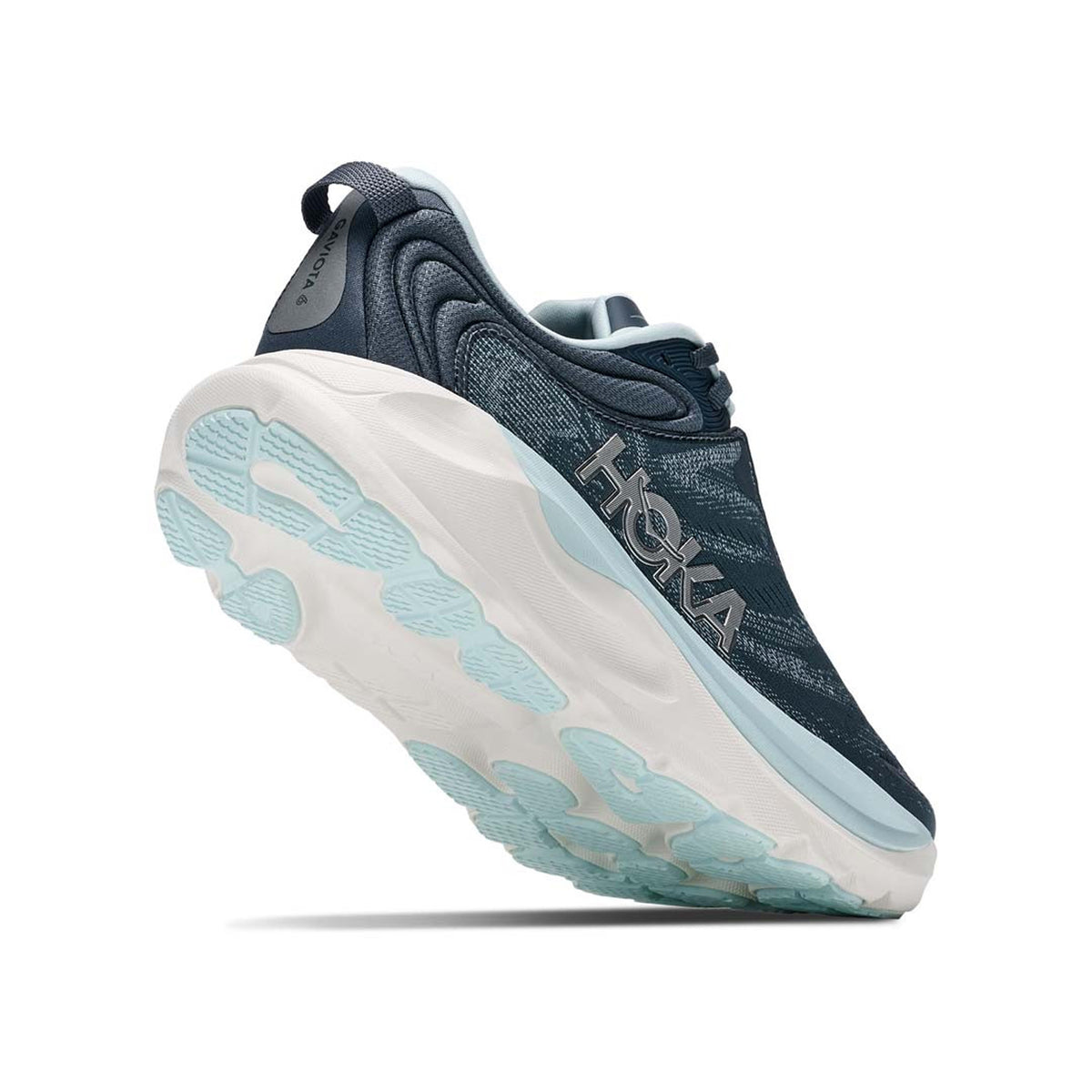 Women's HOKA Gaviota 6 Running Shoes Faded Navy Glimmering Blue angled side and heel view showing maximum cushioned midsole with H-Frame stability system and breathable upper for comfortable daily overpronation control