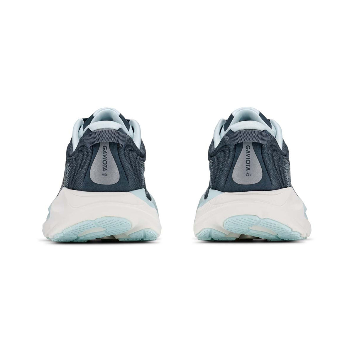 Women's HOKA Gaviota 6 Running Shoes Faded Navy Glimmering Blue heel view showing maximum cushioning stack with H-Frame stability technology for supportive comfortable daily running