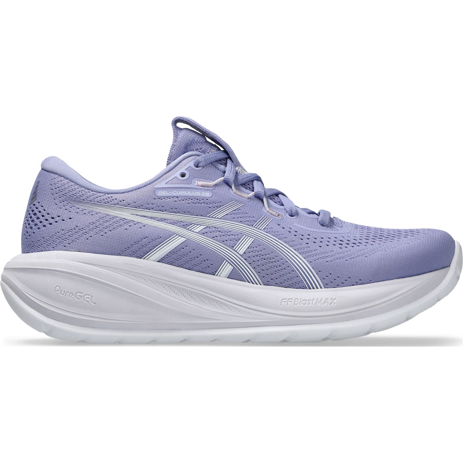 Women's Asics Gel-Cumulus 28 Running Shoes Bluebell White outer side view showing FF BLAST MAX midsole and engineered mesh upper