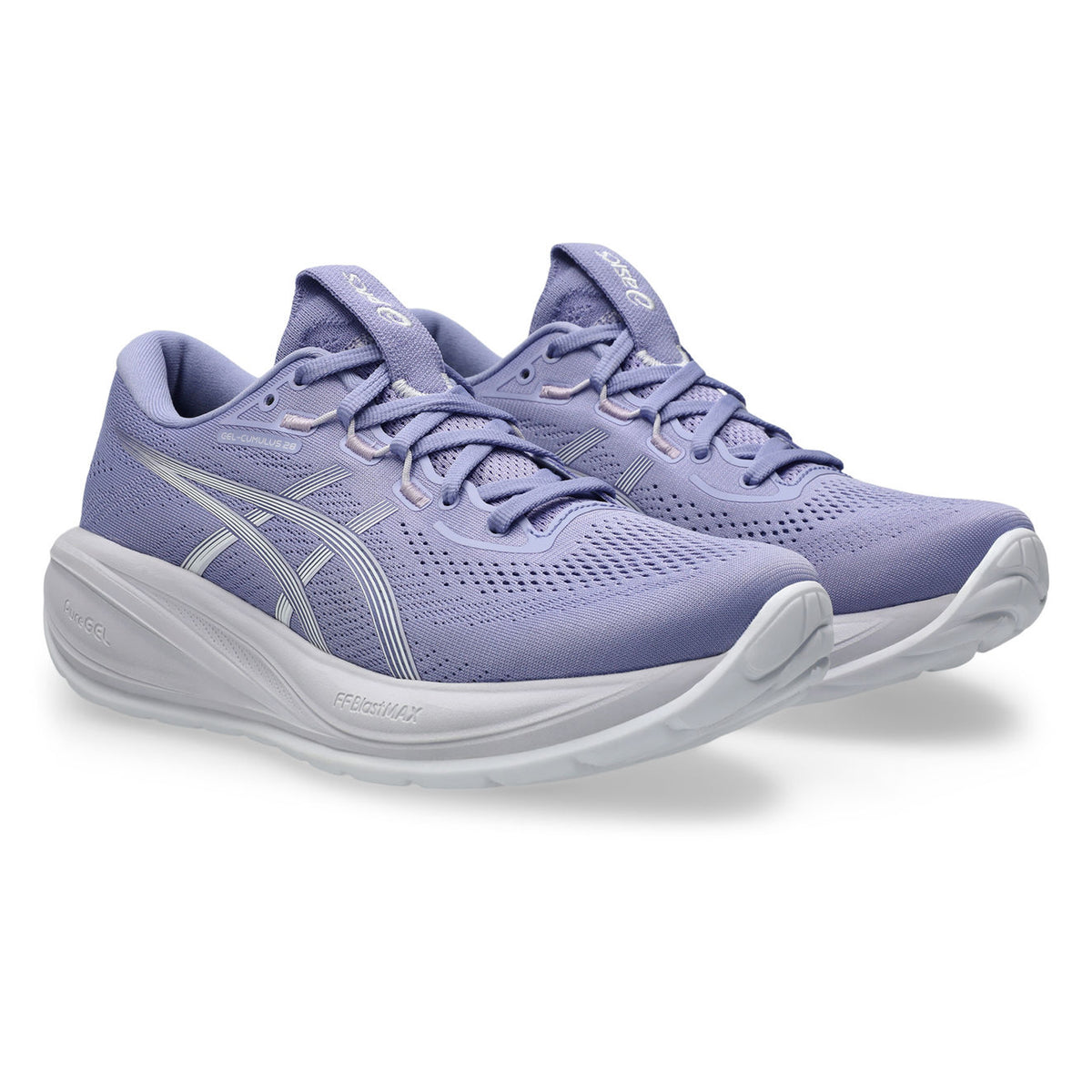 Women's Asics Gel-Cumulus 28 Running Shoes Bluebell White pair angled side view showing FF BLAST MAX midsole stack and smooth rocker geometry