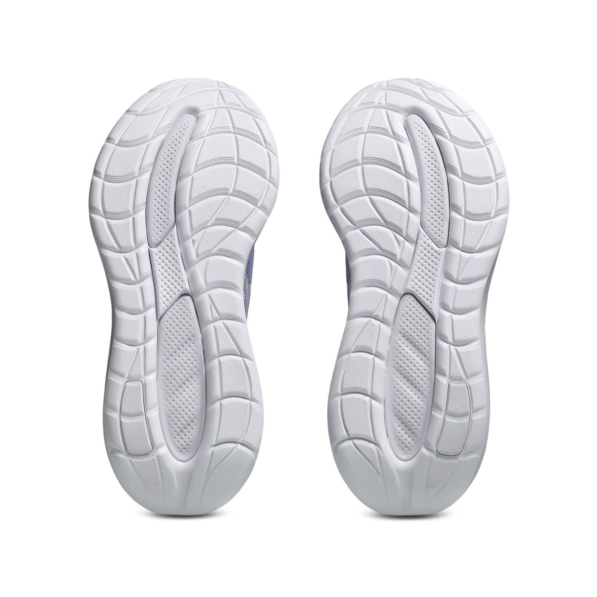 Women's Asics Gel-Cumulus 28 Running Shoes Bluebell White pair sole view displaying FLUIDRIDE outsole and AHAR LO heel plug rubber