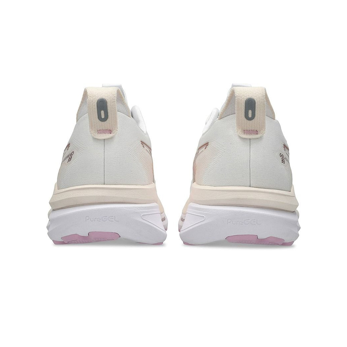 Asics GEL-Kayano 33 women's running shoe in White / Hazy Lilac — heel view showing rearfoot PureGEL technology construction, reflective detailing and hazy lilac midsole contrast