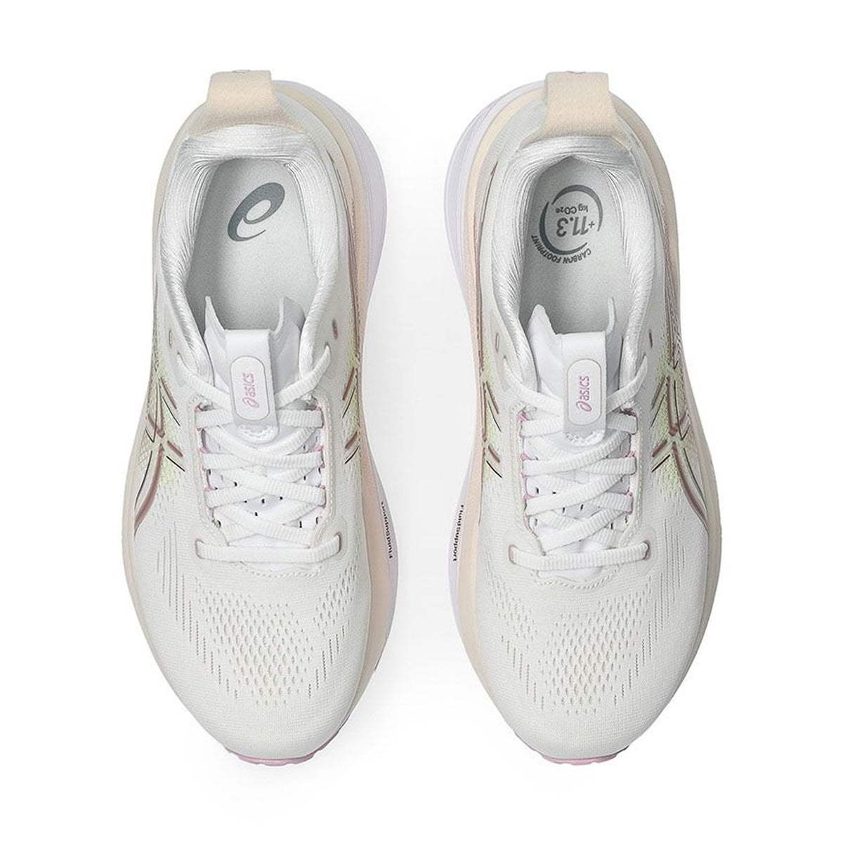 Asics GEL-Kayano 33 women's running shoe in White / Hazy Lilac — top-down view showing white engineered mesh upper construction, lace closure and hazy lilac accent detailing