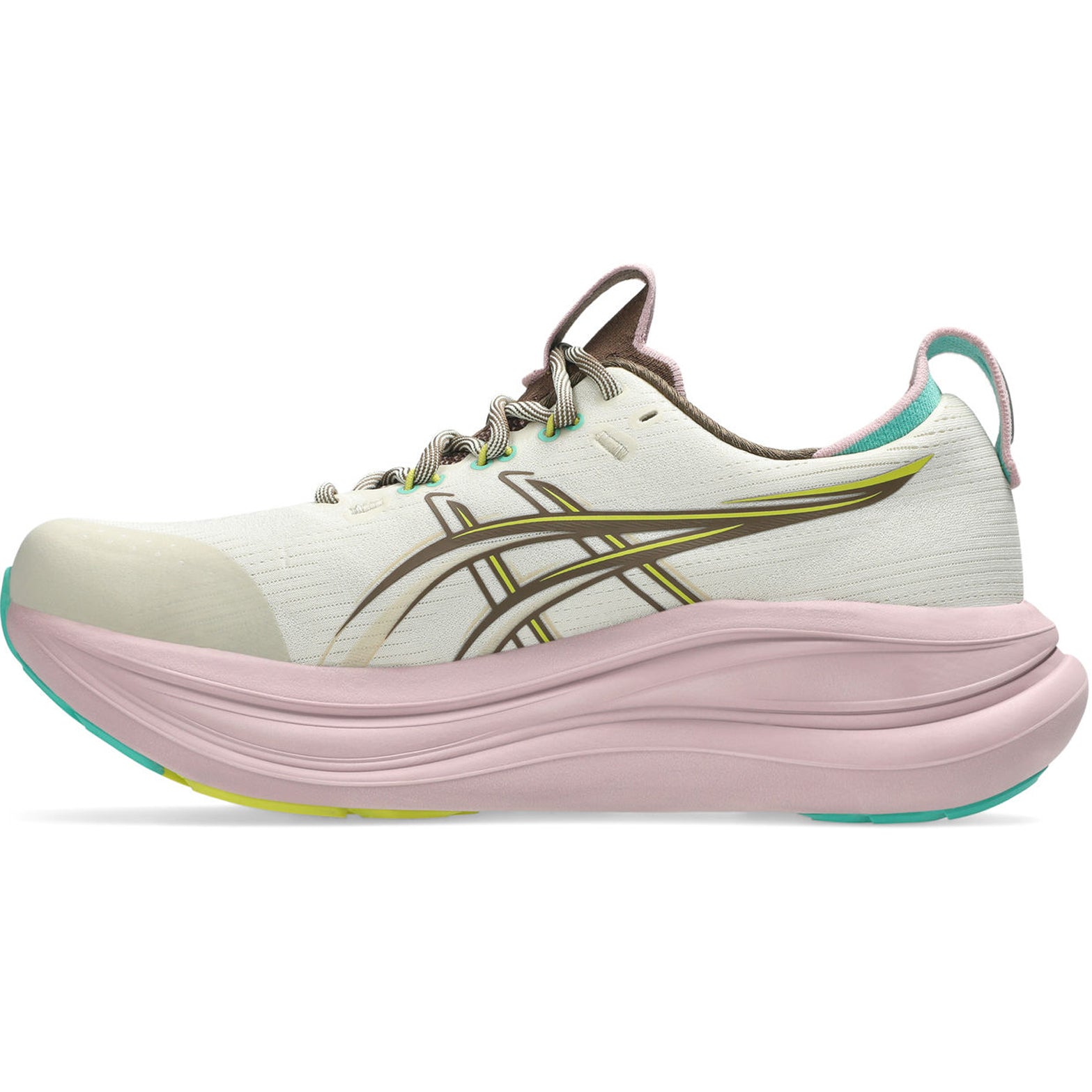 Women's ASICS Gel-Nimbus 28 TR Running Shoes Light Dust Clay Canyon inner side view showing FF BLAST PLUS cushioning and engineered knit upper