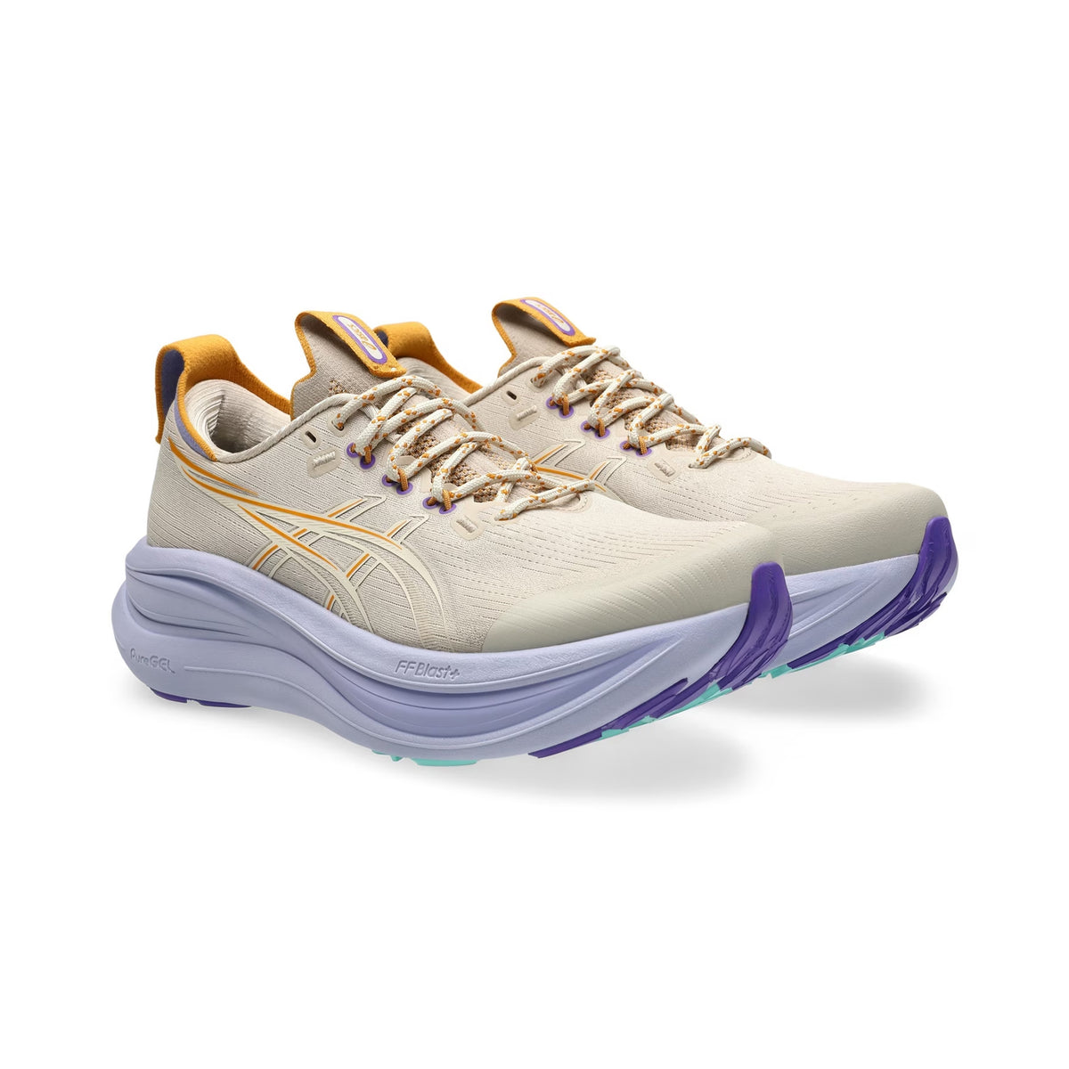 Women's ASICS Gel-Nimbus 28 TR Running Shoes Simply Taupe Fresh Air angled side view of pair showing FF BLAST PLUS and PureGEL midsole with ASICSGRIP rubber and recycled knit upper for cloud-like cushioned gravel and mixed terrain performance