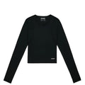 The Bandit Women’s GeoMesh Eclipse Long Sleeve Top in black is a fitted crop top with long sleeves and a crew neckline, displayed laid flat on a white background. Made from textured GeoMesh performance knit for superior moisture management, it features a small white BANDIT logo on the lower left hem.
