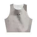Women's Bandit GeoMesh Race Singlet Slate Plaster front product view showing GeoMesh performance knit with cropped hip-length design and bonded neckline finishing